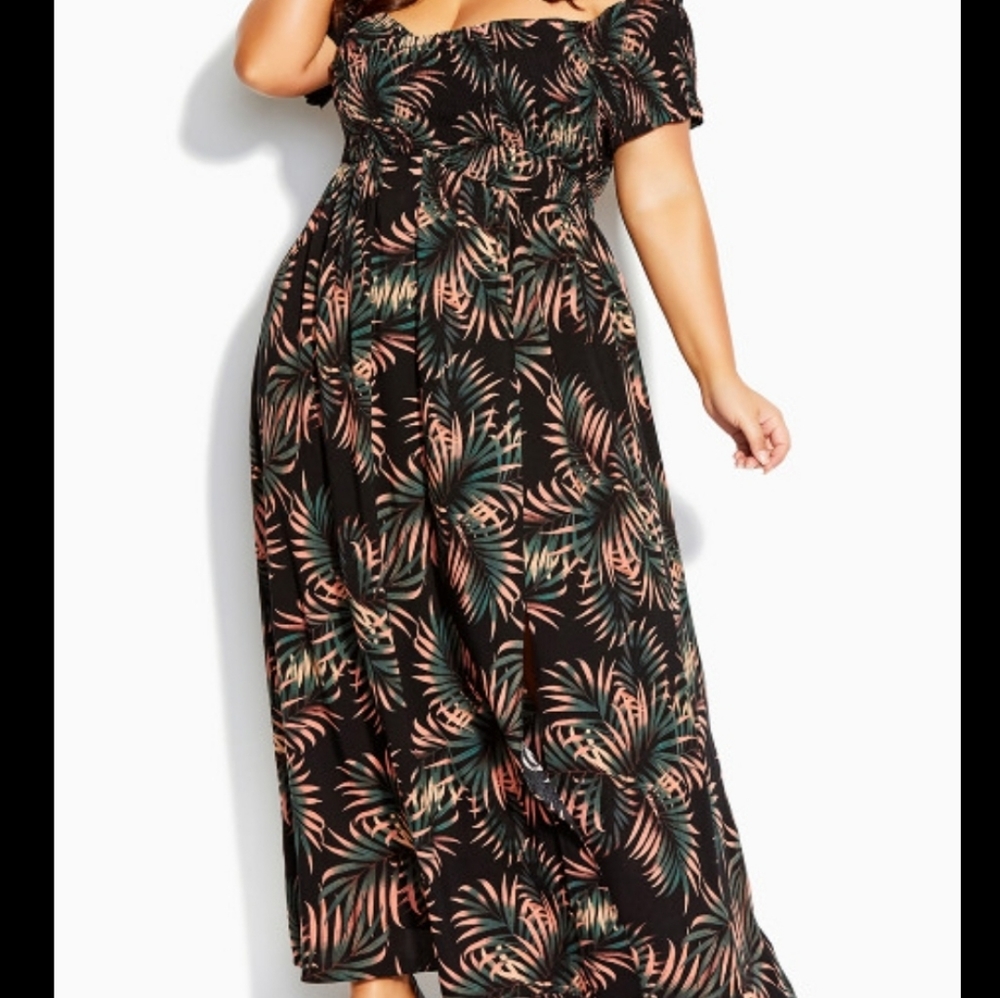 City Chic Yasmin Foliage off the shoulder maxi dress